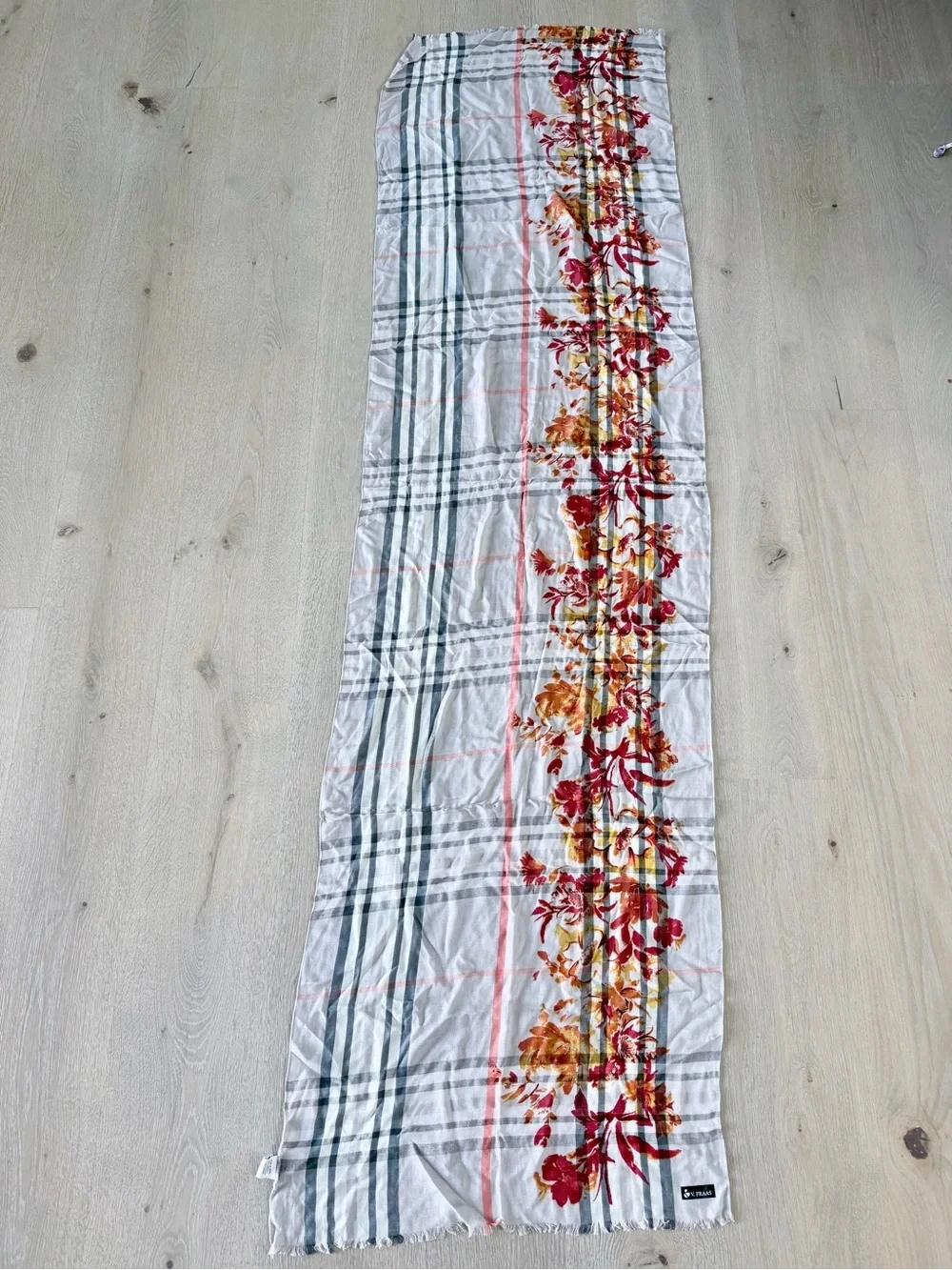 Floral Plaid Lightweight Scarf - Red, Yellow, Gray on White